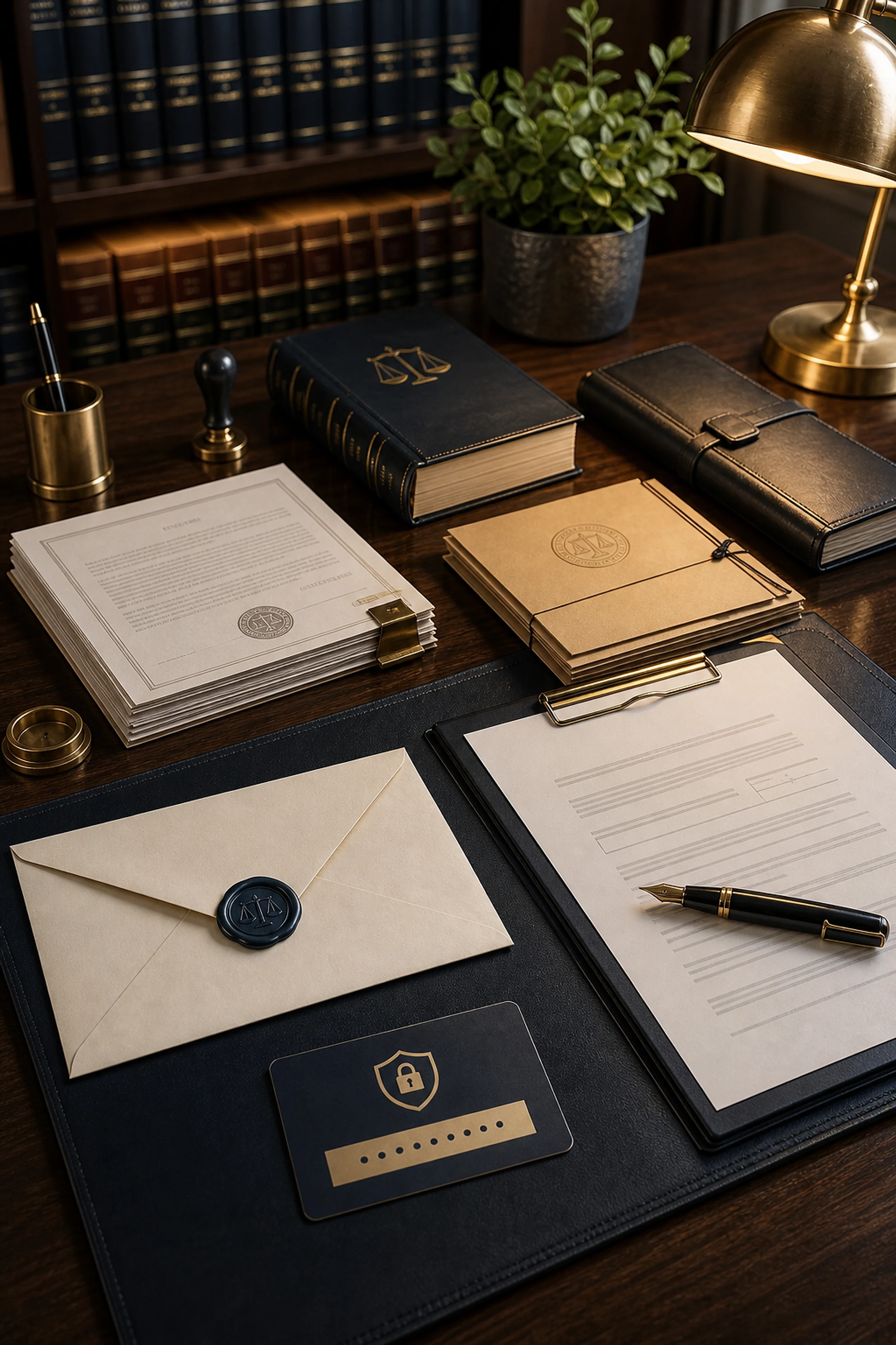 Escritorio legal con sobre de invitacion, token seguro y documentos de registro
